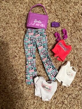 Barbie Fashion Doll Pants 3 Shirts Bag Shoes Camera Lot